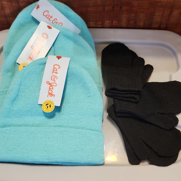 Cat & Jack Other - Cat & Jack Turquoise Beanie and Black Gloves Set